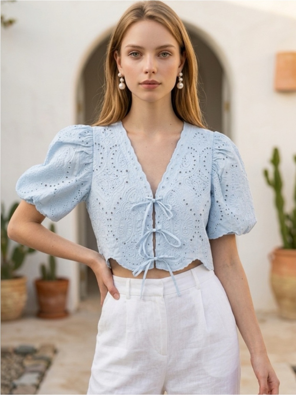 Sofie the Label Sky Blue Eyelet Tie-Front Blouse
